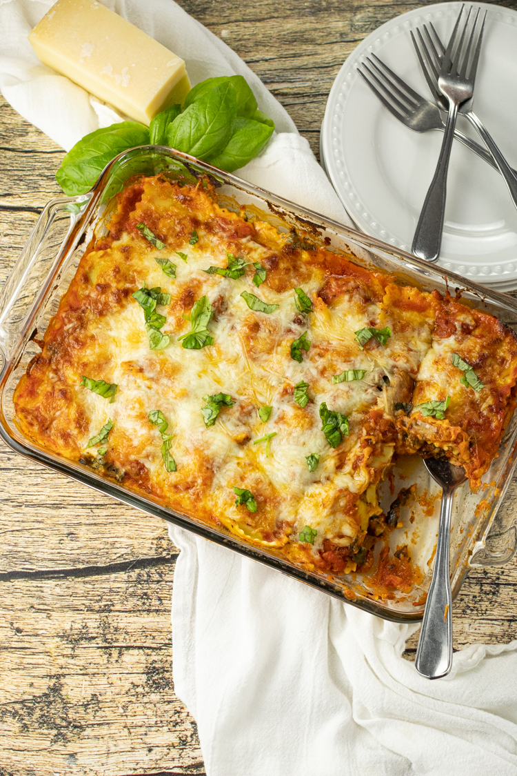 big pan of lasagna made with ravioli