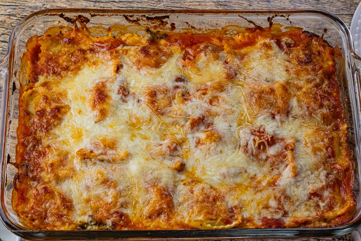 lasagna made with cheese ravioli that has been baked with browned cheese on top