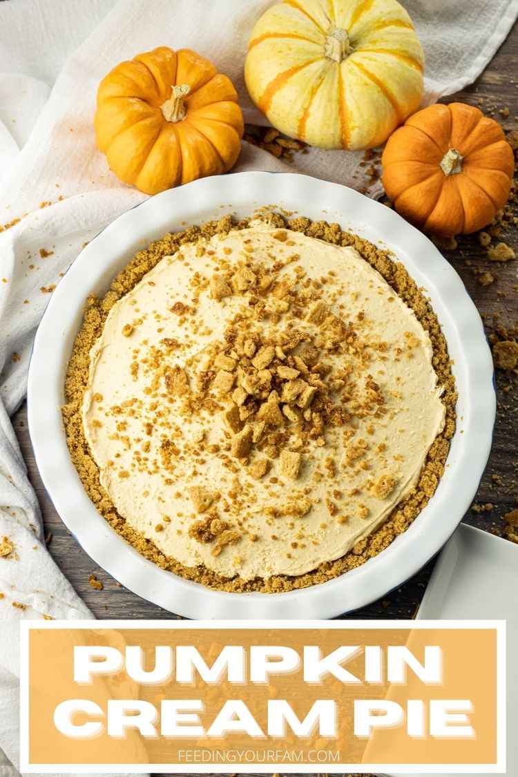 Pumpkin Cream Pie is such an easy dessert. This No Bake Pumpkin Pie is made with a graham cracker crust filled with a creamy pumpkin pie filling topped with a crunchy brown sugar, graham cracker topping. Easy pumpkin pie recipes save the day when it comes to Holiday baking and preparations. 