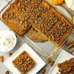 pumpkin pie bars sliced and on a white plate