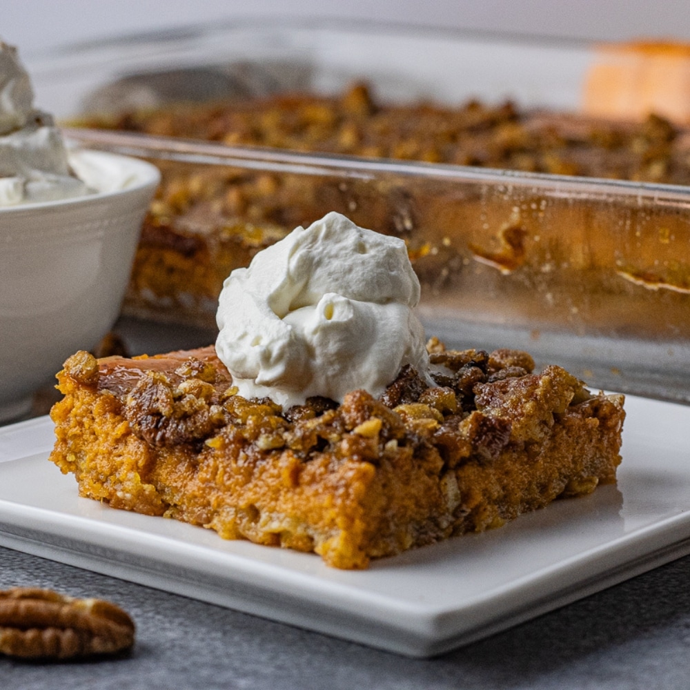 pumpkin pie square topped with whipped cream and pecans