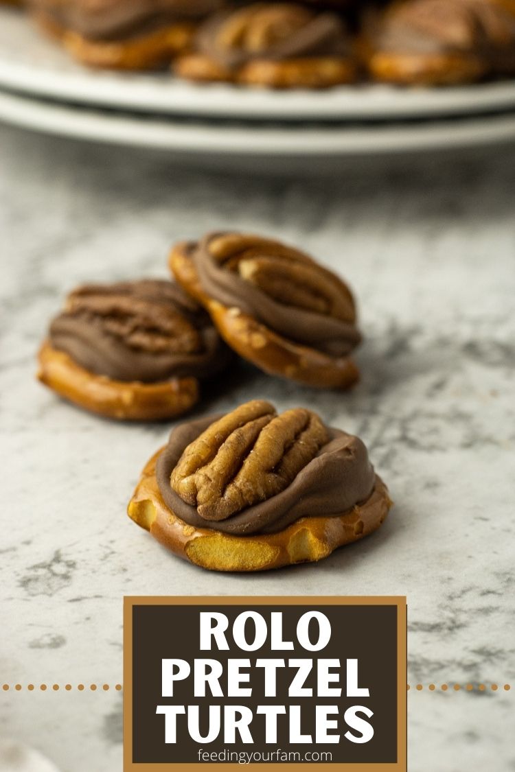 Rolo Pretzel Turtles are pretzels topped with chocolate caramel candies melted and then topped with a pecan. 