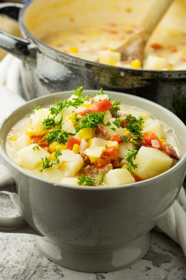 gray bowl of potato soup
