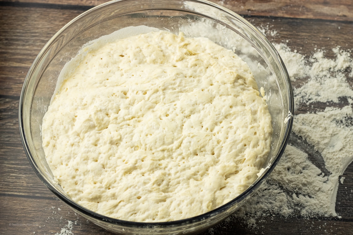 bubbly bread dough in a large mixing bowl