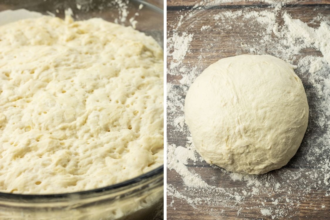 side by side of risen dough and a ball of dough on a floured surface