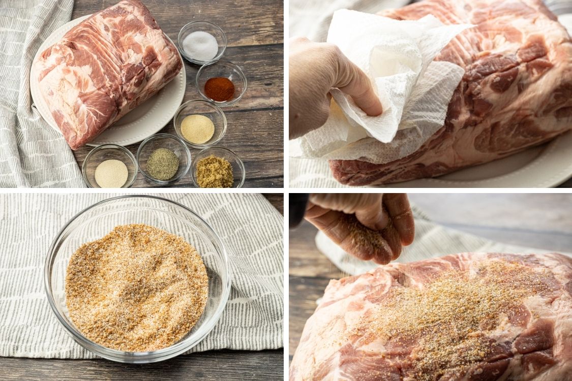 collage image of pulled pork, patting dry with a paper towel, spice mix in a bowl, sprinkling on spices