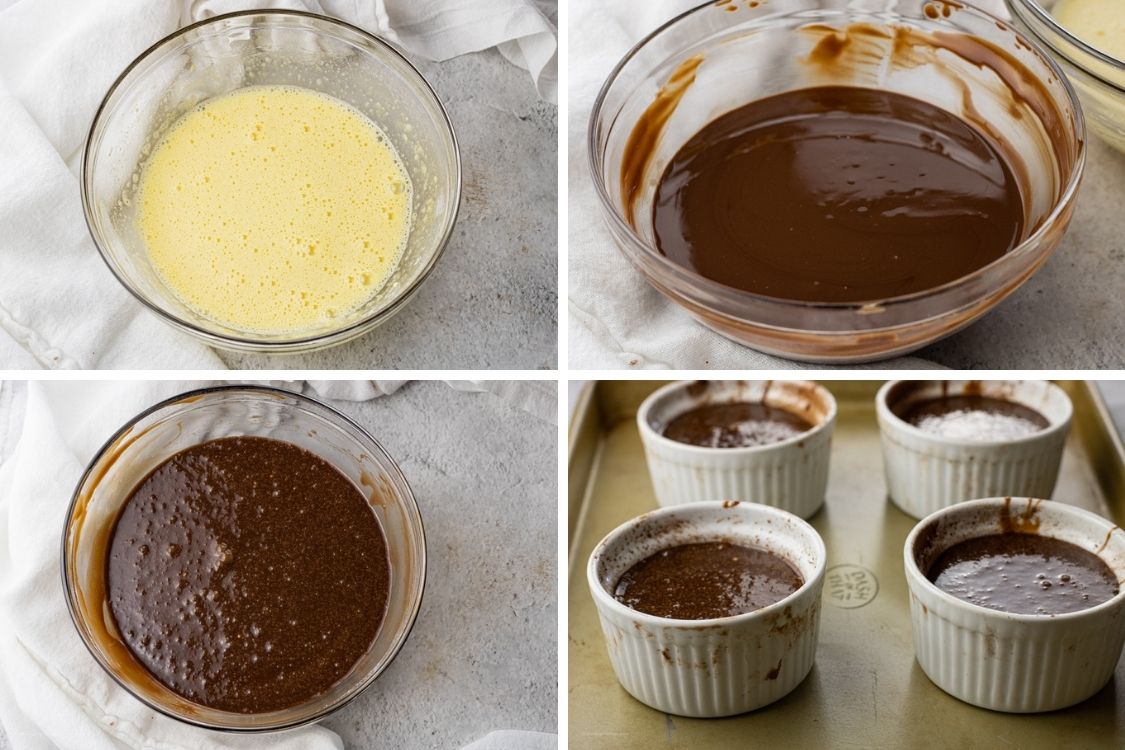 collage of steps to make chocolate lava cakes