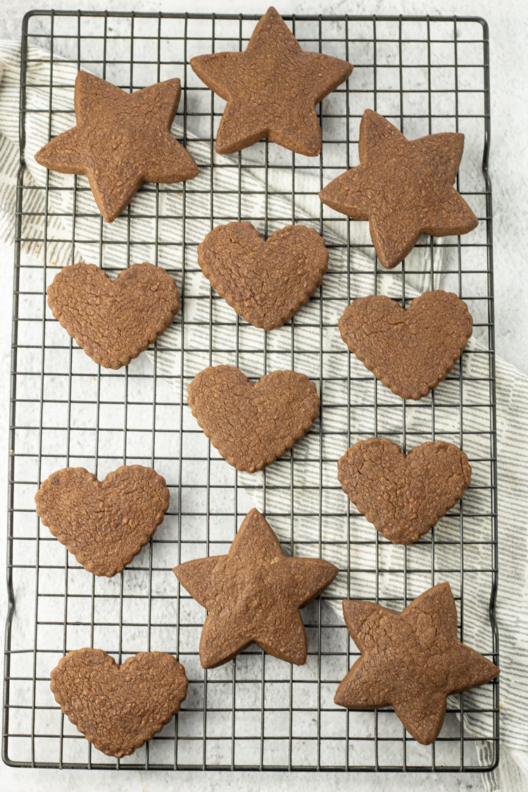 chocolate cookies cooling on a baking rack