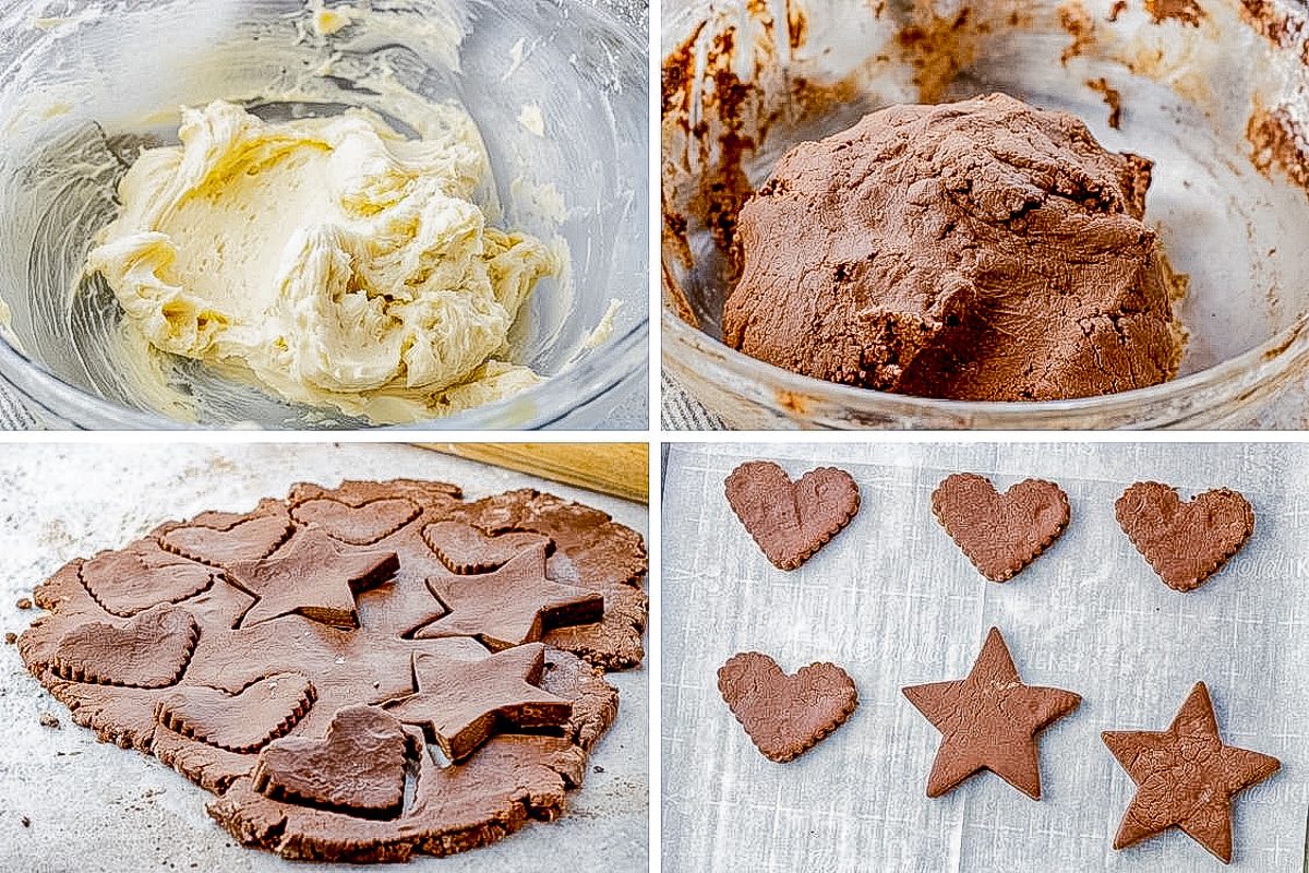 images of steps to make chocolate cut out cookies. Dough, then cut out into stars and hearts