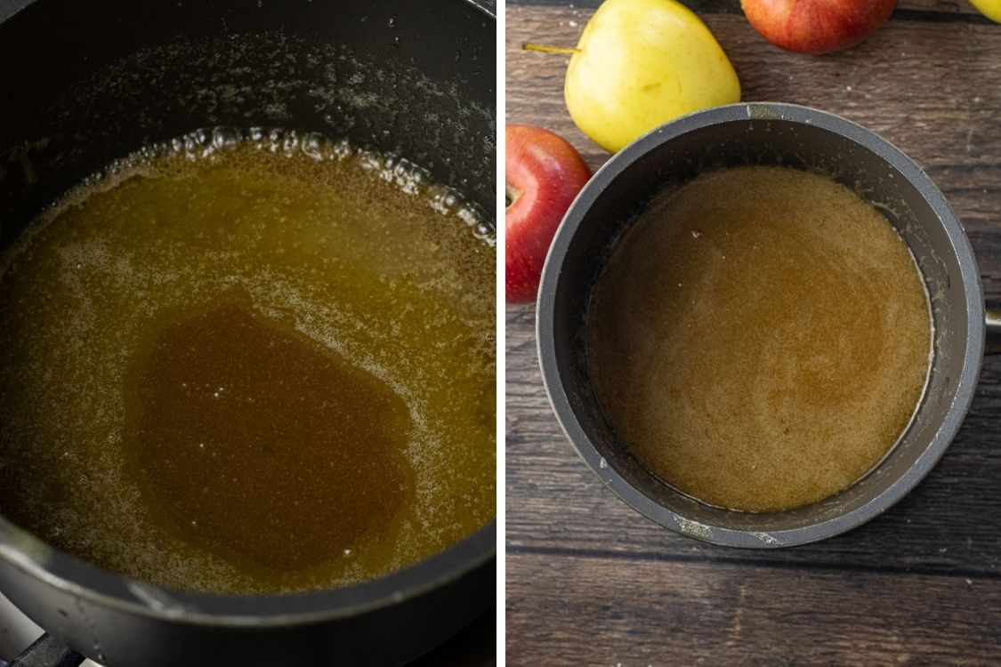 side by side of pans of caramel sauce