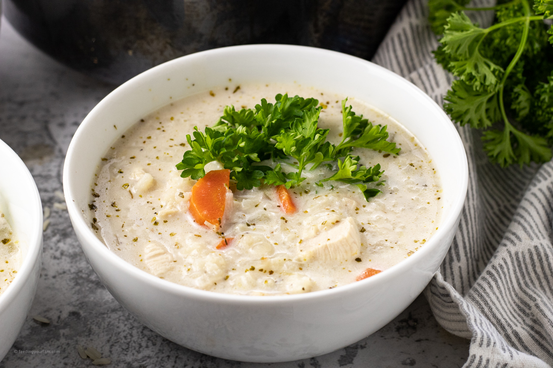 bowl of chicken and rice soup topped with fresh parsley
