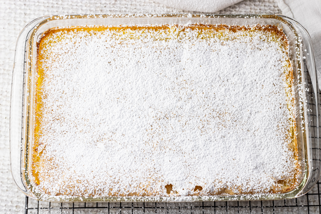 pan of lemon bars topped with powdered sugar