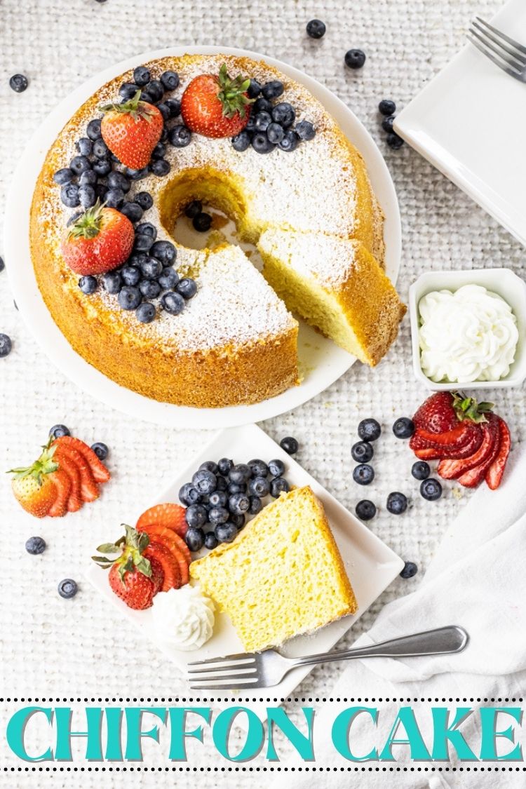 Chiffon Cake is a light and airy sponge cake that is made with cake flour, egg yolks, fluffy egg whites, oil and other household ingredients. This simple chiffon cake is fairly easy to make, follow my simple recipe tips for a fluffy chiffon every time. 