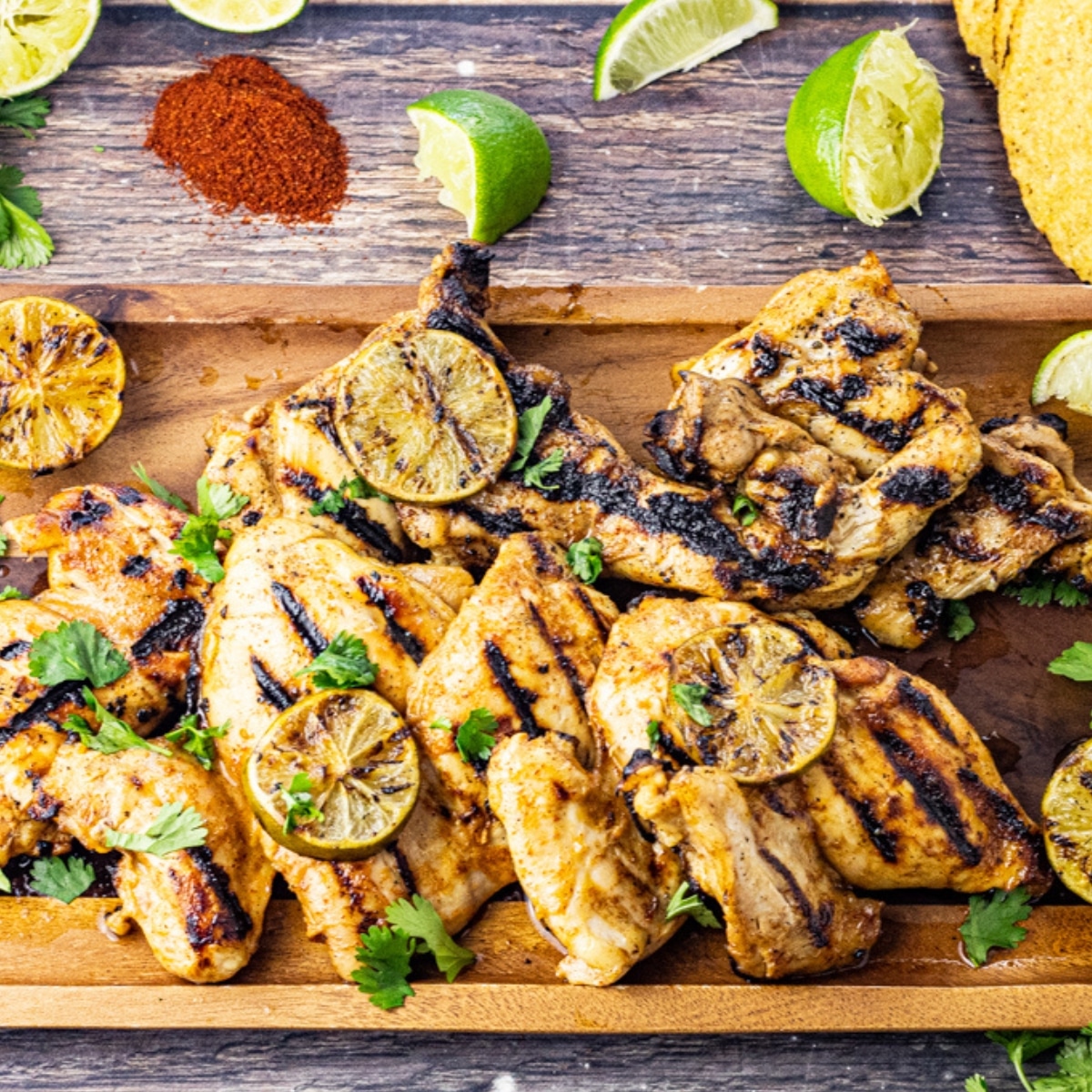lime and chili marinated chicken grilled and on a wooden serving platter