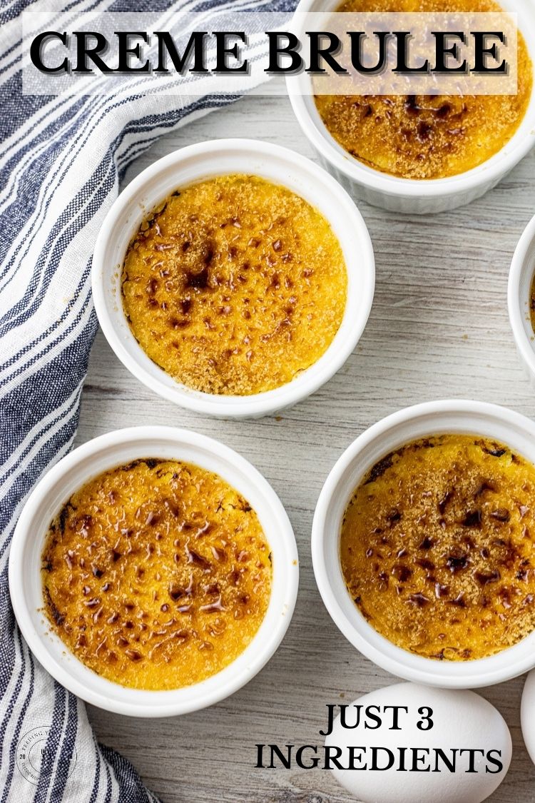 Creme Brulee is a creamy, custard dessert that is topped with a layer of light brown sugar that is torched to form a delicious, crunchy, sweet layer on top. This Creme Brulee Recipe only takes 3 ingredients to make the custard, super simple for a fancy treat.