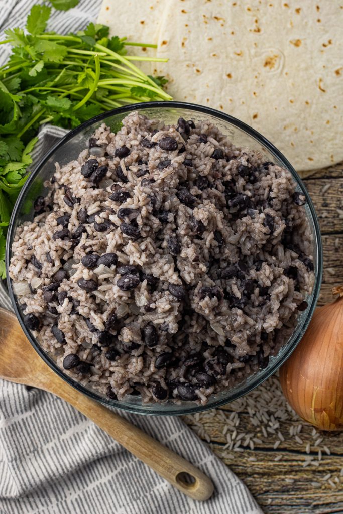 glass bowl of rice with black beans