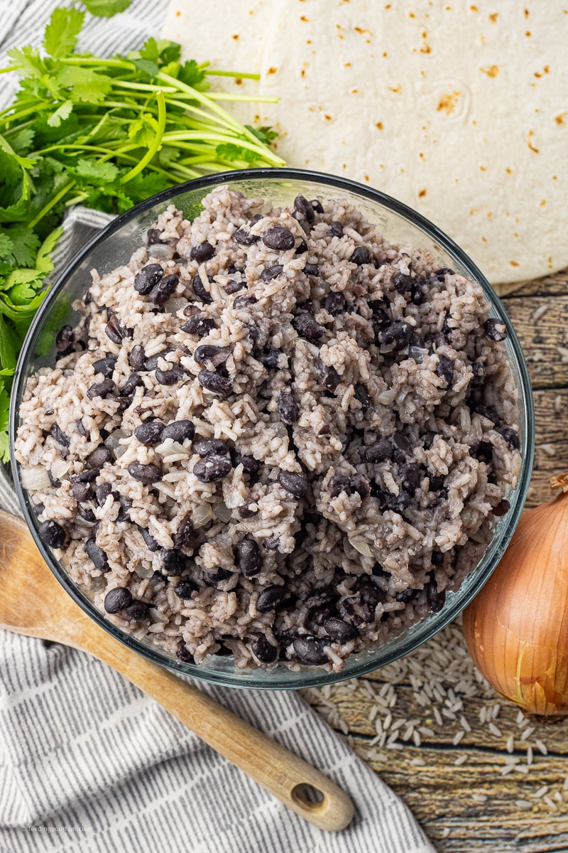 black beans and rice in a glass bowl
