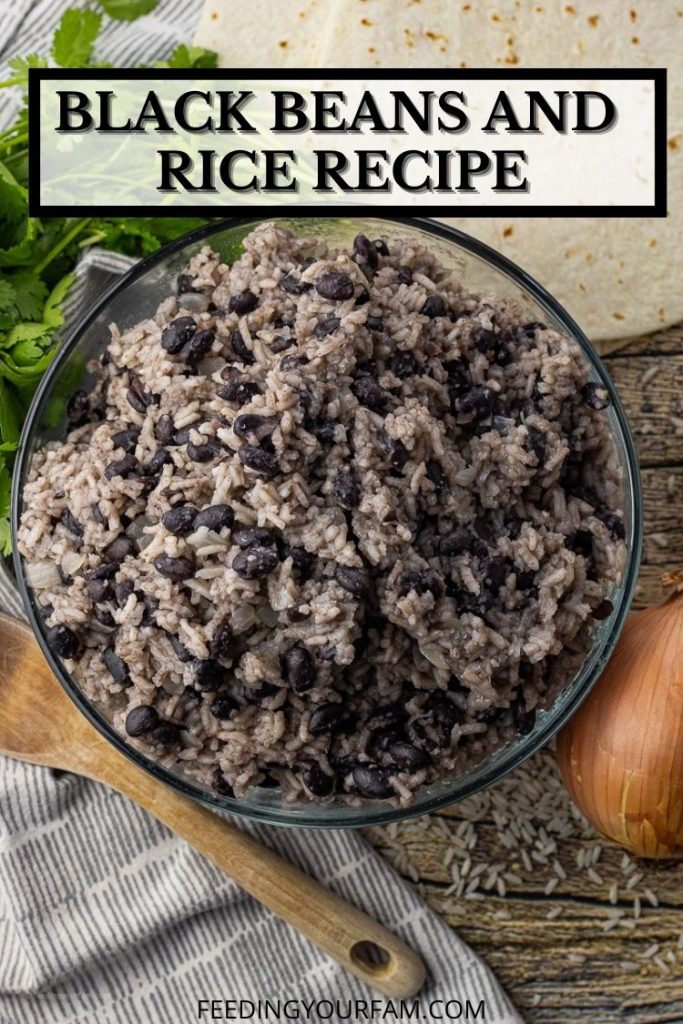 glass bowl with black beans and rice