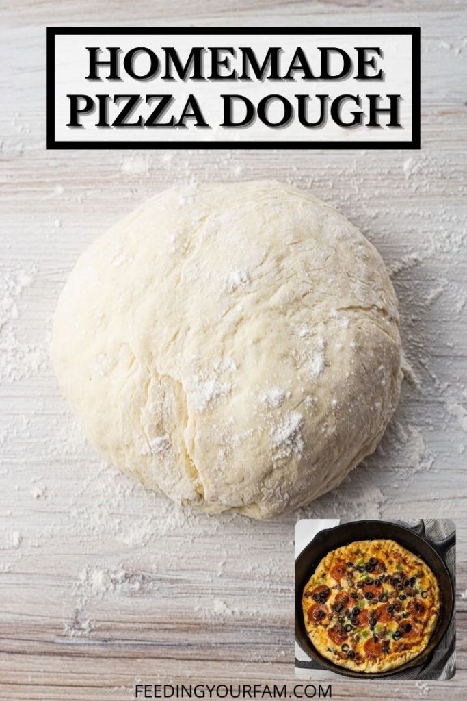 ball of dough dusted with flour with a smaller image of a pizza in a cast iron pan