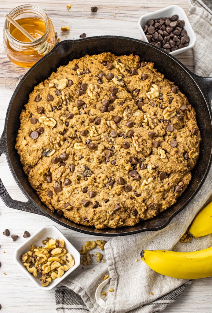 cast iron pan with chocolate chip banana bread