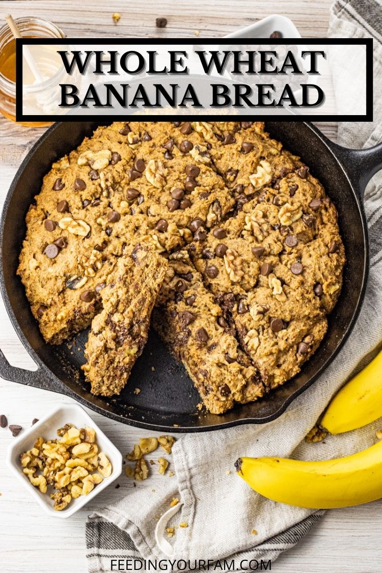 This Easy Whole Wheat Banana Bread is baked right in a cast iron pan, which takes half the time of making it in a loaf pan. Banana Bread with whole wheat is hearty and full of tons of goodness. Make this healthy banana bread recipe for breakfast, dessert or a simple side for dinner. 