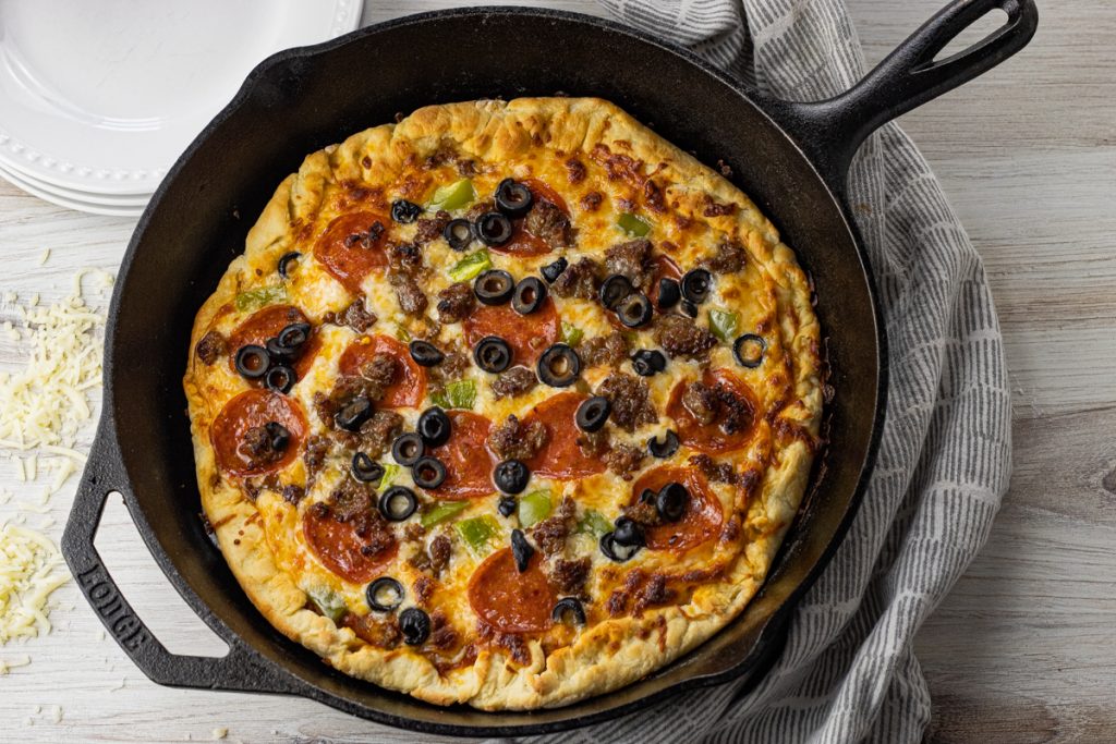 pizza in a cast iron pan