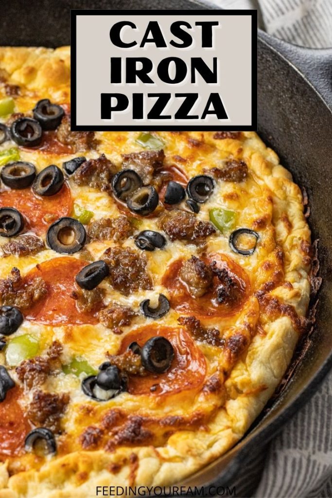 pizza cooked in a black cast iron pan