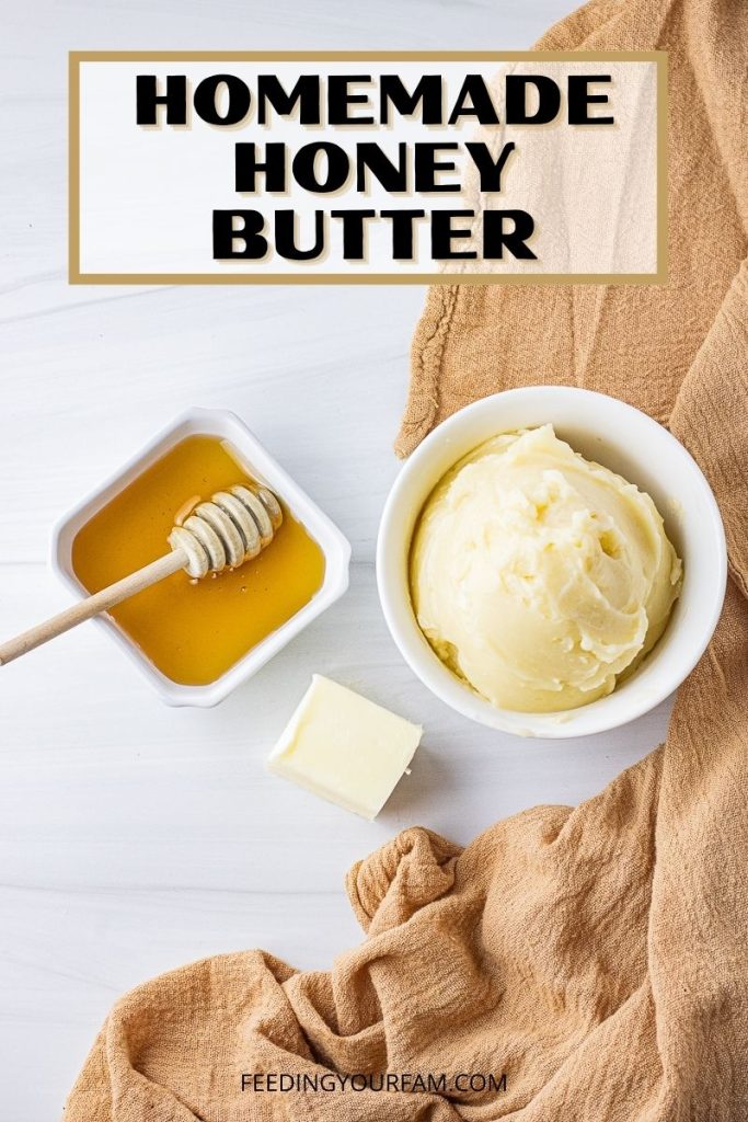 butter mixed with honey in a white bowl with honey and a square of butter next to it