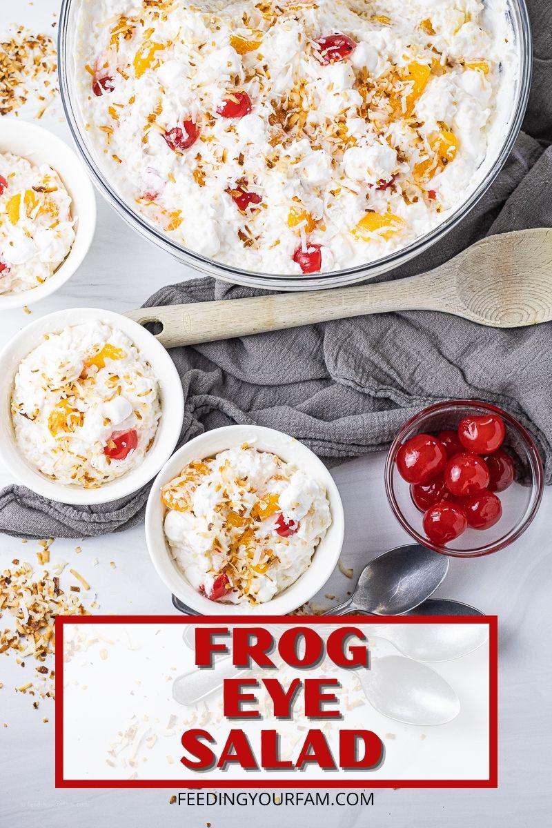Frog eye salad is a delicious combination of Ancini de Pepe Pasta, mandarin oranges, pineapple, mini marshmallows, coconut, store bought whipped topping and maraschino cherries.
