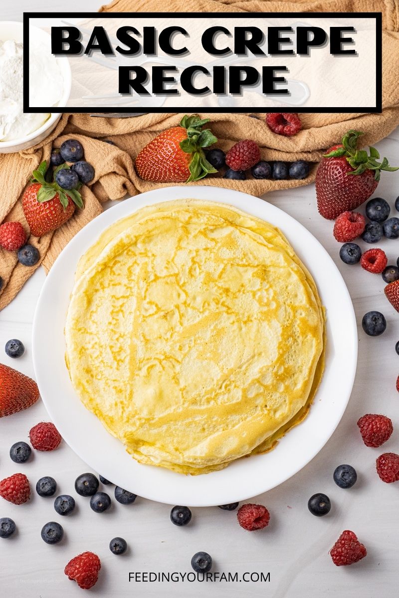 Basic Crepes are baked nice and thin so they can easily be filled with your favorite fillings such as fruit, whipped cream or even cream cheese! This crepe recipe only takes 6 ingredients and comes together quick for an easy weekday breakfast or even fancy weekend brunch. 