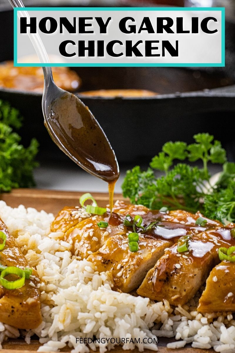 This simple Honey Garlic Chicken Recipe is sure to become a fam favorite. Tender chicken breasts are coated in a flavorful honey garlic sauce and served over rice to make a quick and easy dinner in about 20 minutes.