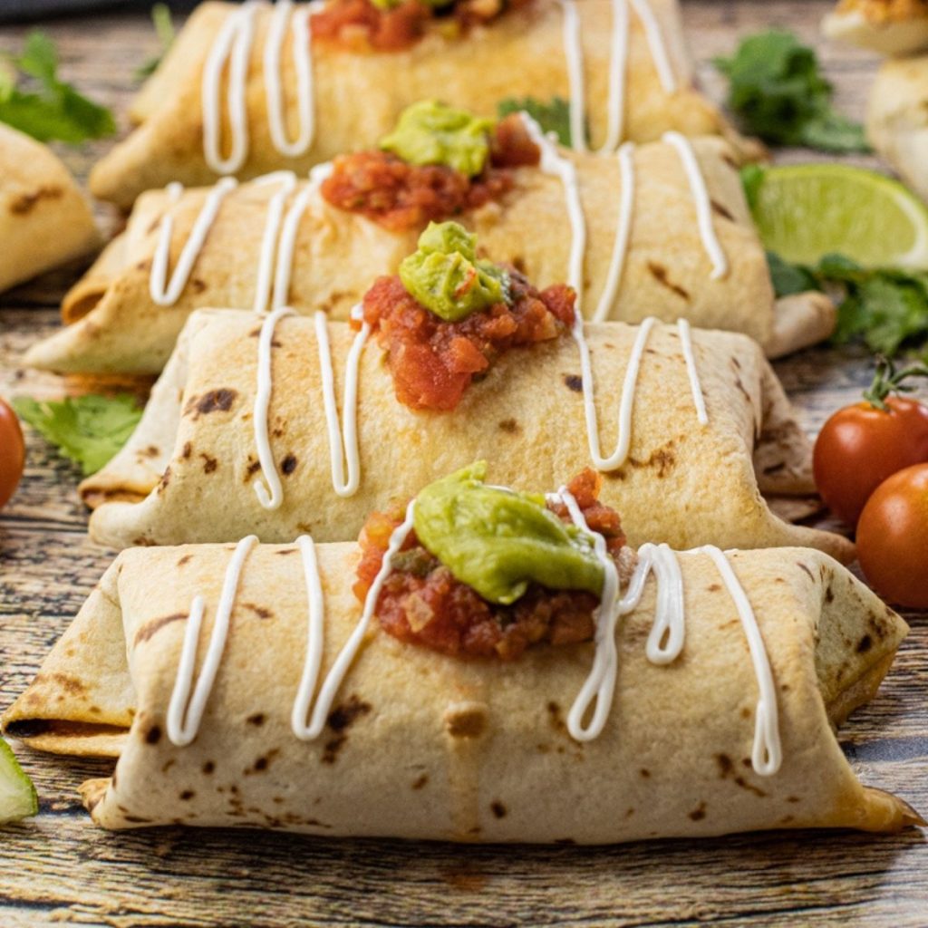 baked chimichangas topped with salsa, guacamole and sour cream