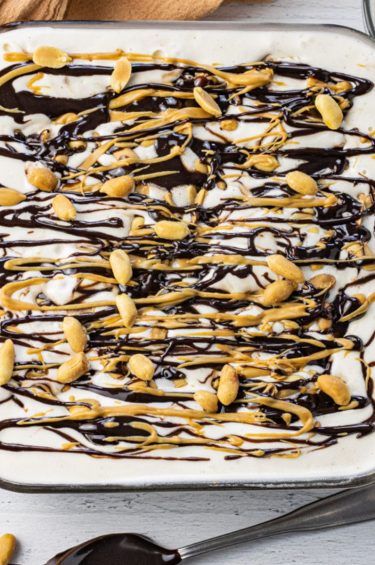 ice cream cake topped with hot fudge and peanuts