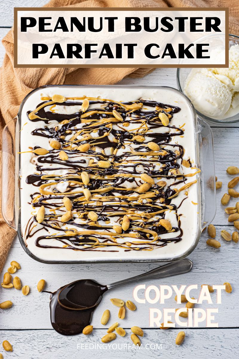 ice cream cake topped with peanuts, hot fudge and peanut butter