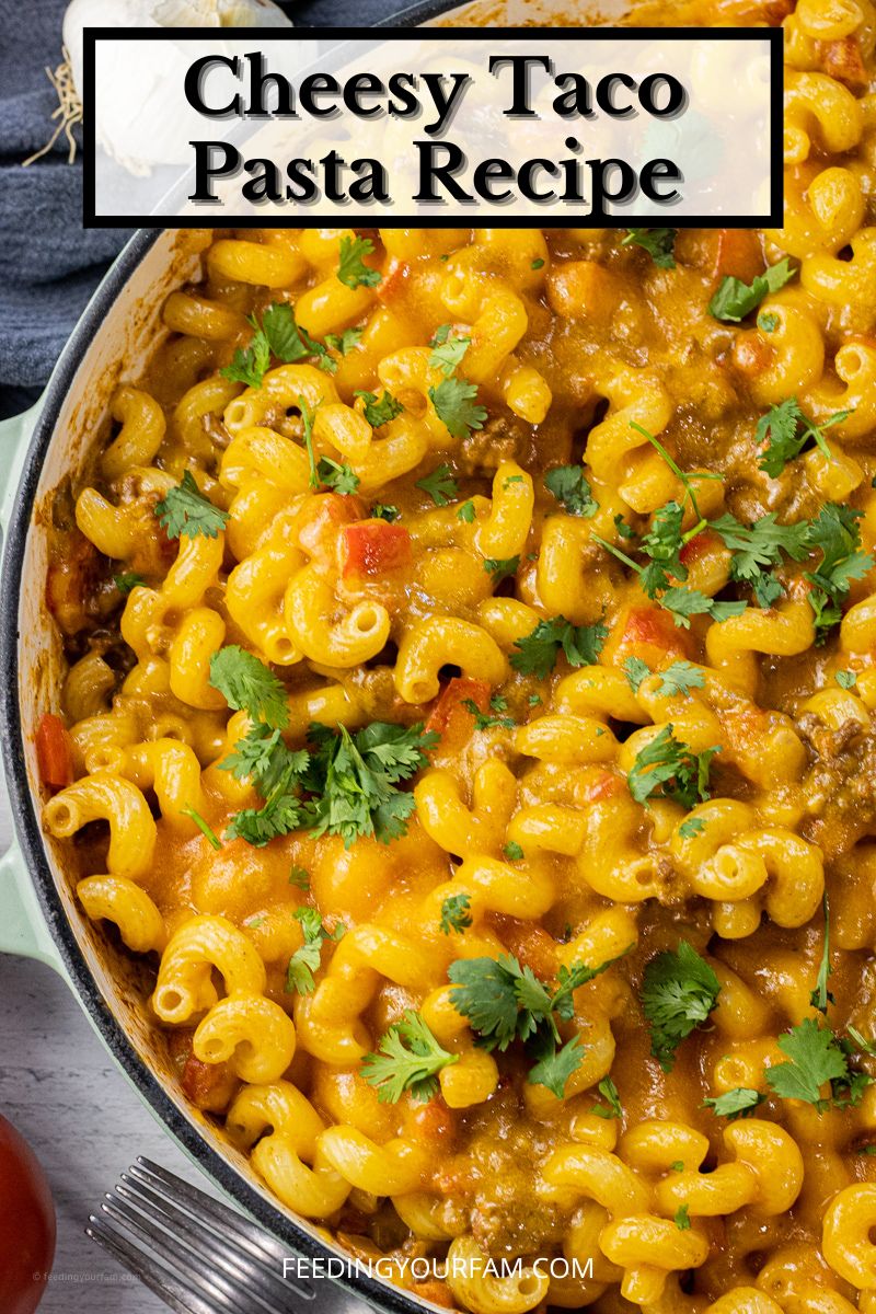 This Cheesy Taco Pasta Recipe is a homemade version of a hamburger helper recipe, but so much better. This taco pasta is loaded with lean ground beef, taco seasoning, tomatoes, pasta and of course cheddar cheese.