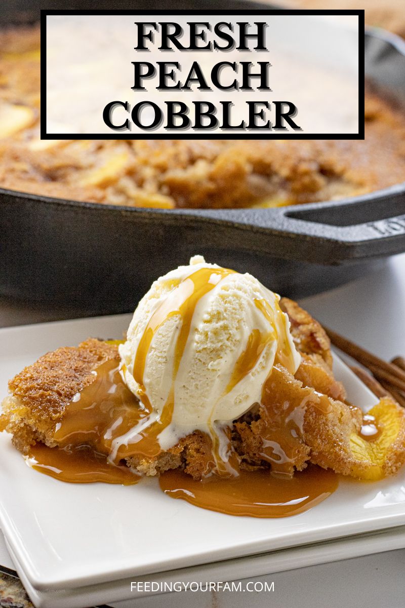 peach cobbler topped with vanilla ice cream and caramel 
