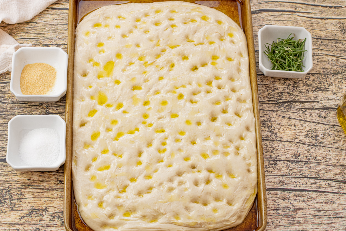 uncooked focaccia dough with poked holes in dough