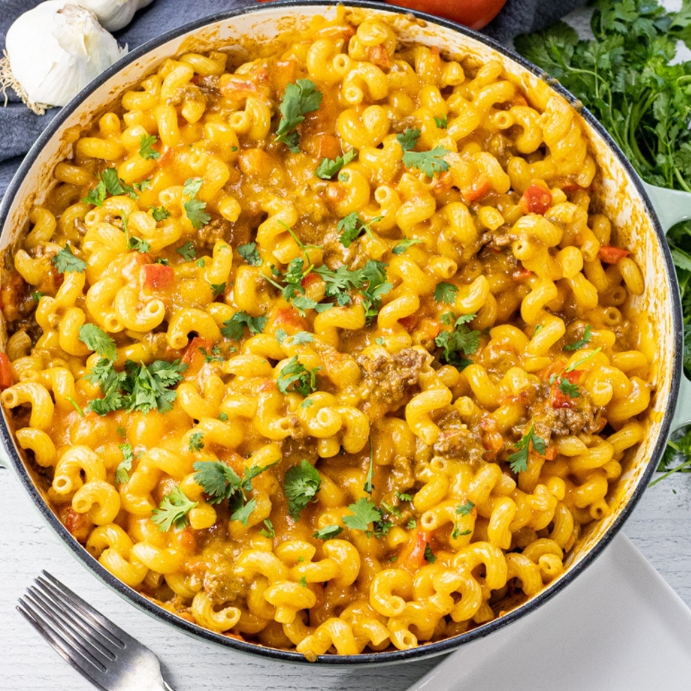 taco pasta in a large skillet with spiral pasta shapes