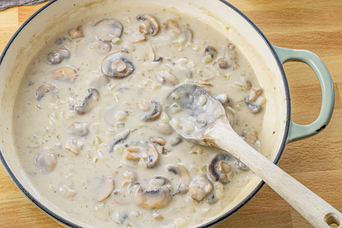 cream of mushroom soup in a cast iron pan