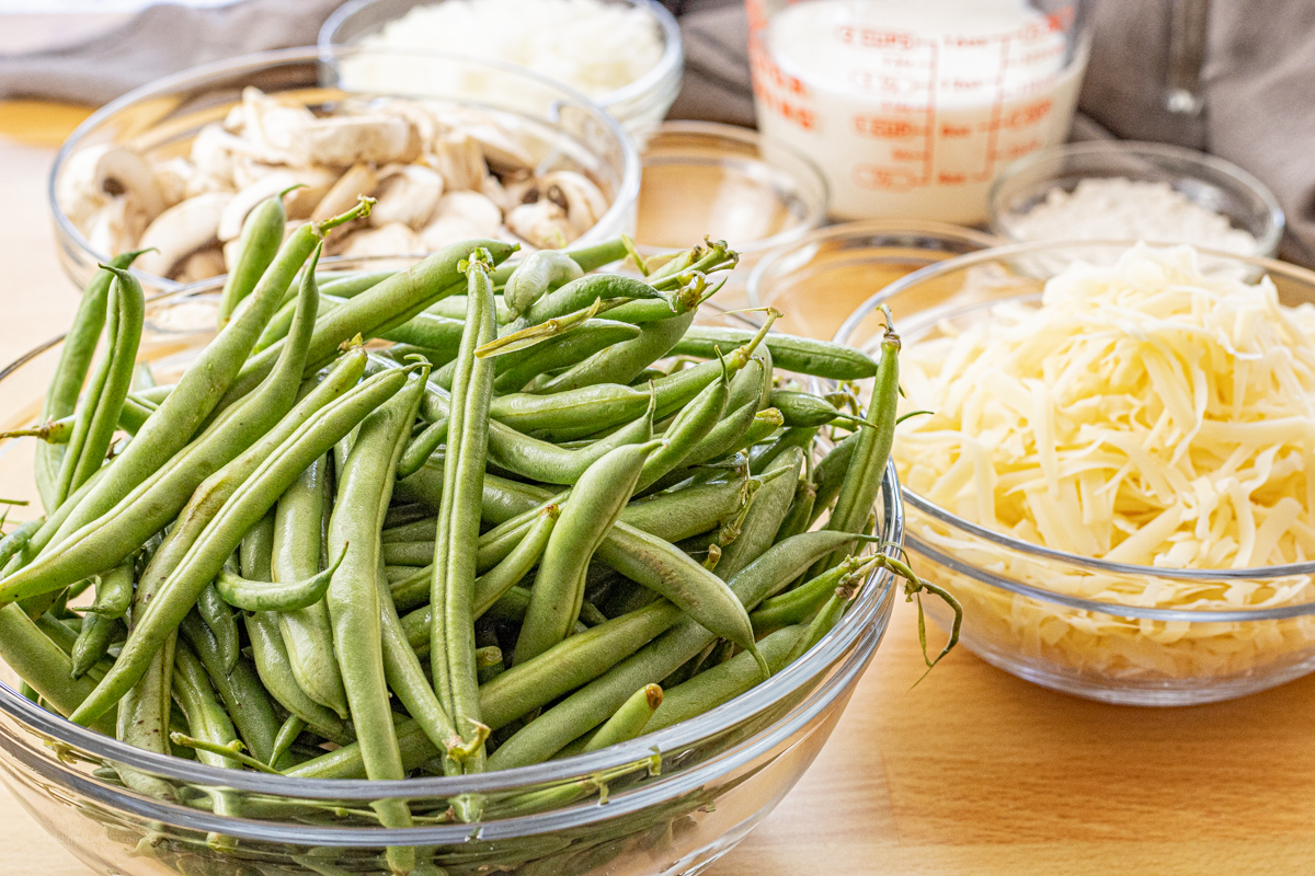 green beans, shredded swiss cheese and mushrooms