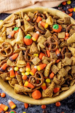 chex mix with candy corn and reeses candies