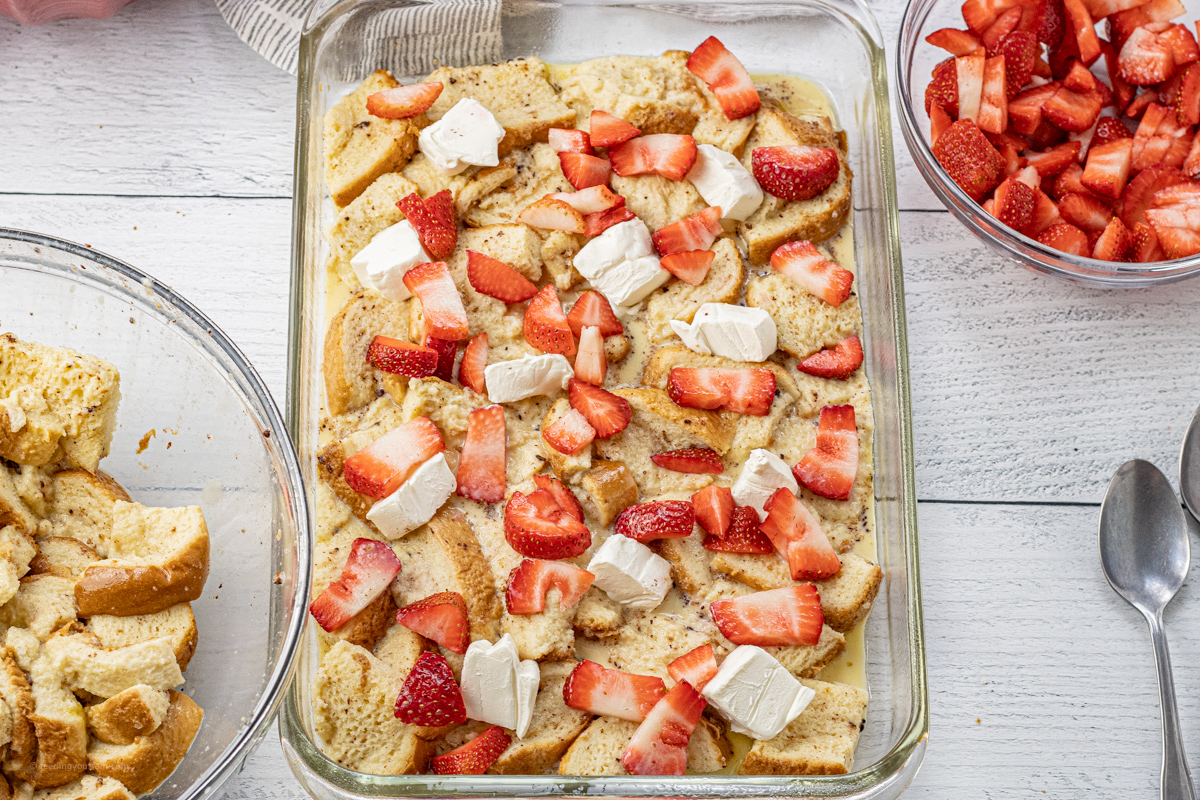 uncooked pan of strawberry cream cheese french toast casserole