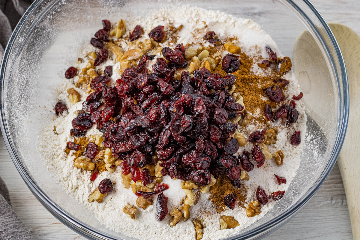 mixed dry ingredients with cranberries and walnuts for bread