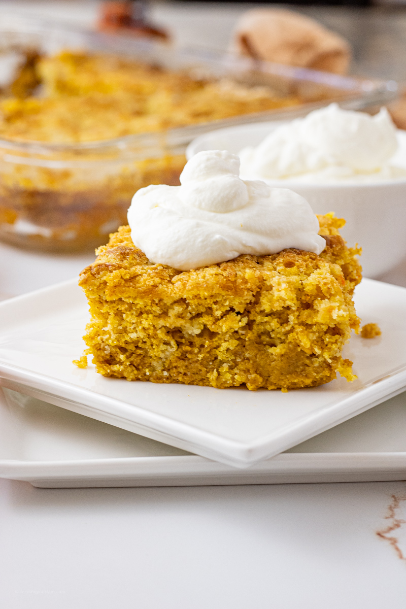 piece of pumpkin cake topped with whipped cream