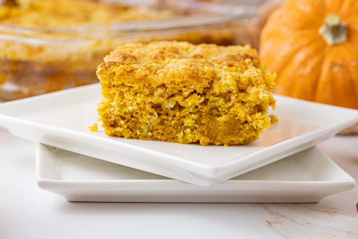 slice of pumpkin cake on a square white plate