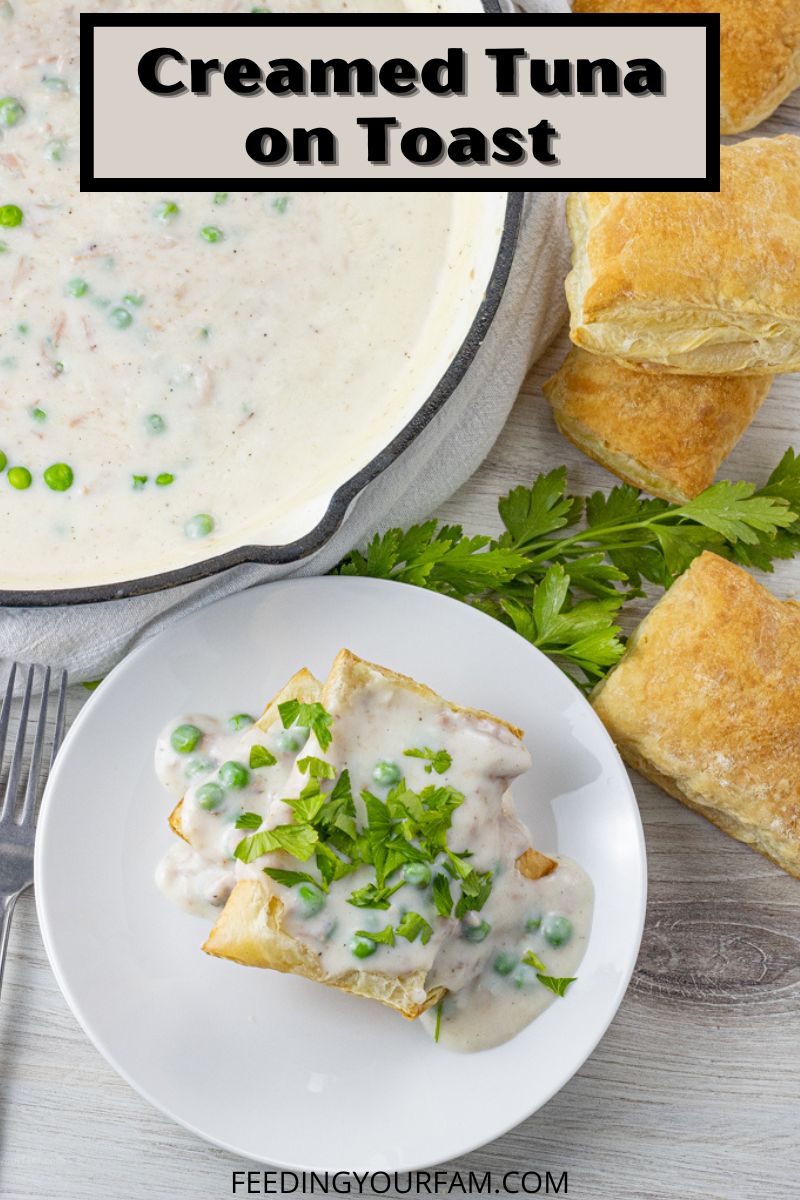 Creamed Tuna on toast is a classic recipe that has a creamy, white sauce filled with tuna fish and peas, served over crispy toast or puff pastry. Creamed Tuna is a simple recipe to make and one that will easily become a repeat on your family menu because it is delicious and a super affordable meal to make.