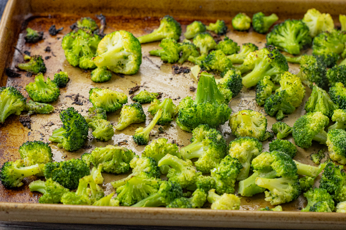 roasted broccoli on a baking sheet