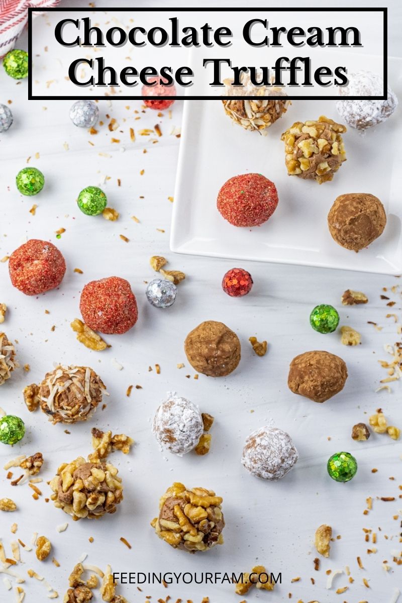 chocolate truffle balls coated in cocoa, nuts, powdered sugar and sprinkles