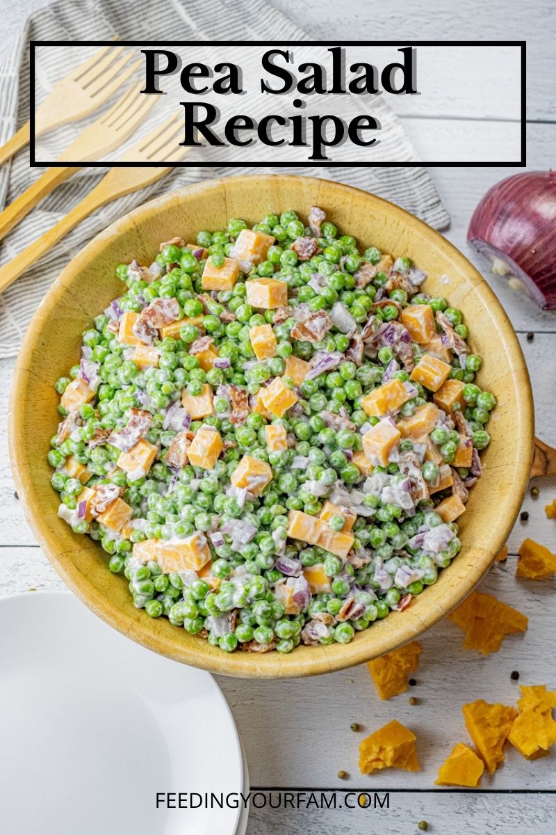 This classic recipe for Pea Salad is a delicious combination of sweet peas, bacon, red onion, cheddar cheese all topped with a simple creamy dressing. Pea salad with bacon is the perfect side dish for family dinners, neighborhood parties or any other holiday potluck you are going to.