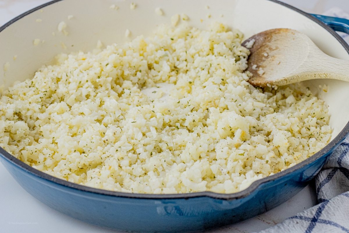 riced cauliflower in a large skillet